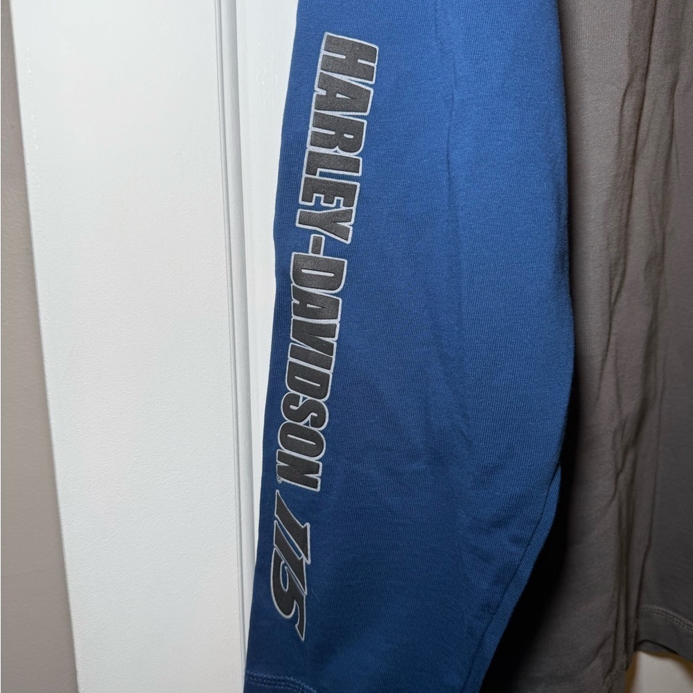 Harley Davidson 115 Anniversary Gray & Blue Henley Heavyweight Logo Back Large - Picture 2 of 9